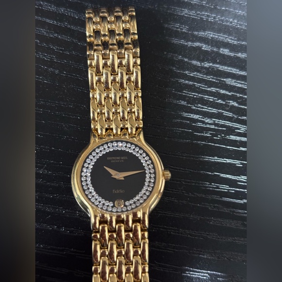 577. Raymond Weil Fidelio Black Dial With Double-Row Diamonds Gold Watch - Picture 4 of 16